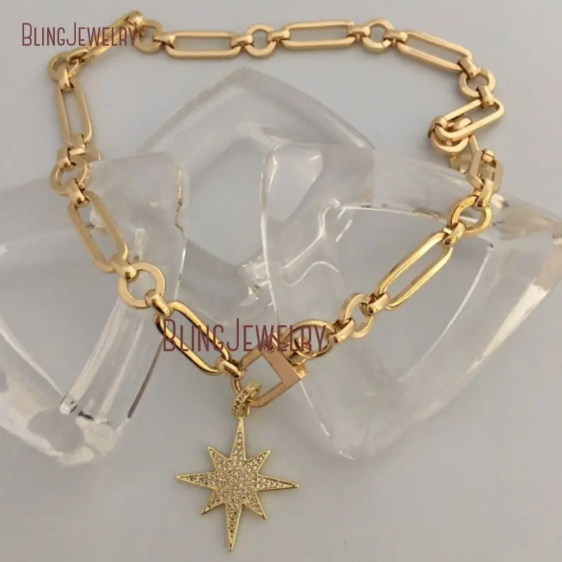 barato Nm35785 Ouro Cabo Corrente Colar Pave Estrela Pingente Chunky Gargantilha Mola Portão Fecho Corrente Charme Gargantilha