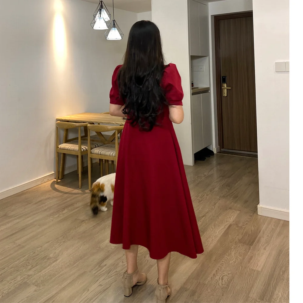 

Slim Plus Size Vestido Feminino Red Black Puff Sleeve French Elegant Sexy Maxi Dresses for Women Party Ropa Mujer Talla Grande