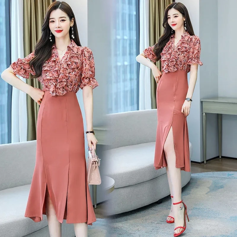 Женское платье-Русалка с оборками и коротким рукавом разрезом | Женская одежда