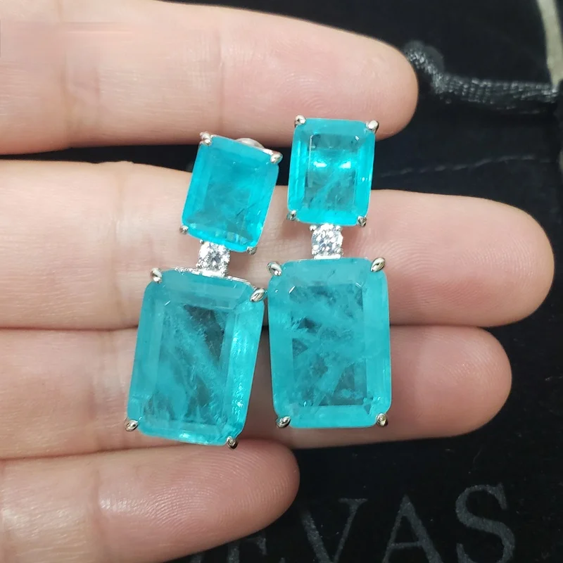 

100% 925 Sterling Silver Paraiba Tourmaline Gemstone Drop Earrings For Women Sparkling Engagement Party Fine Jewelry Gifts