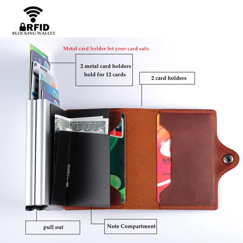

YAMBUTO Crazy Horse Genuine Leather Men Wallet RFID Wallet Metal Aluminum Double Box Credit Card Holder Mini Slim Smart Wallet