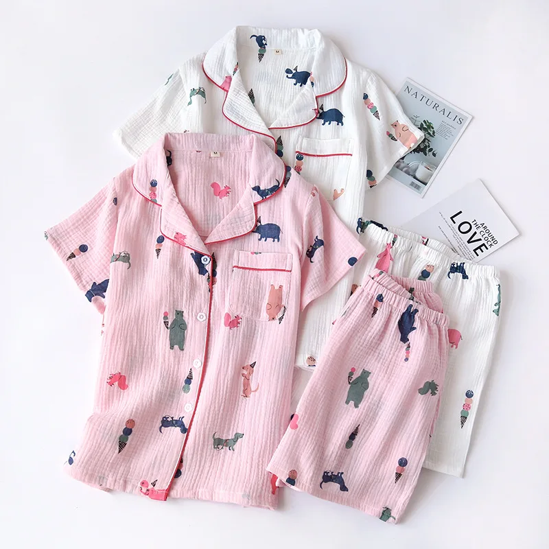 New Summer Pajamas Set Women's Cotton Gauze Soft Female Short-sleeved  Sleepwear with Shorts Japan Cartoon Thin Casual Home Wear