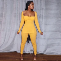sexy ribbed knitted two piece suits women fashion cleavage long sleeve side split top and stretchy legging y2k sets club outfits