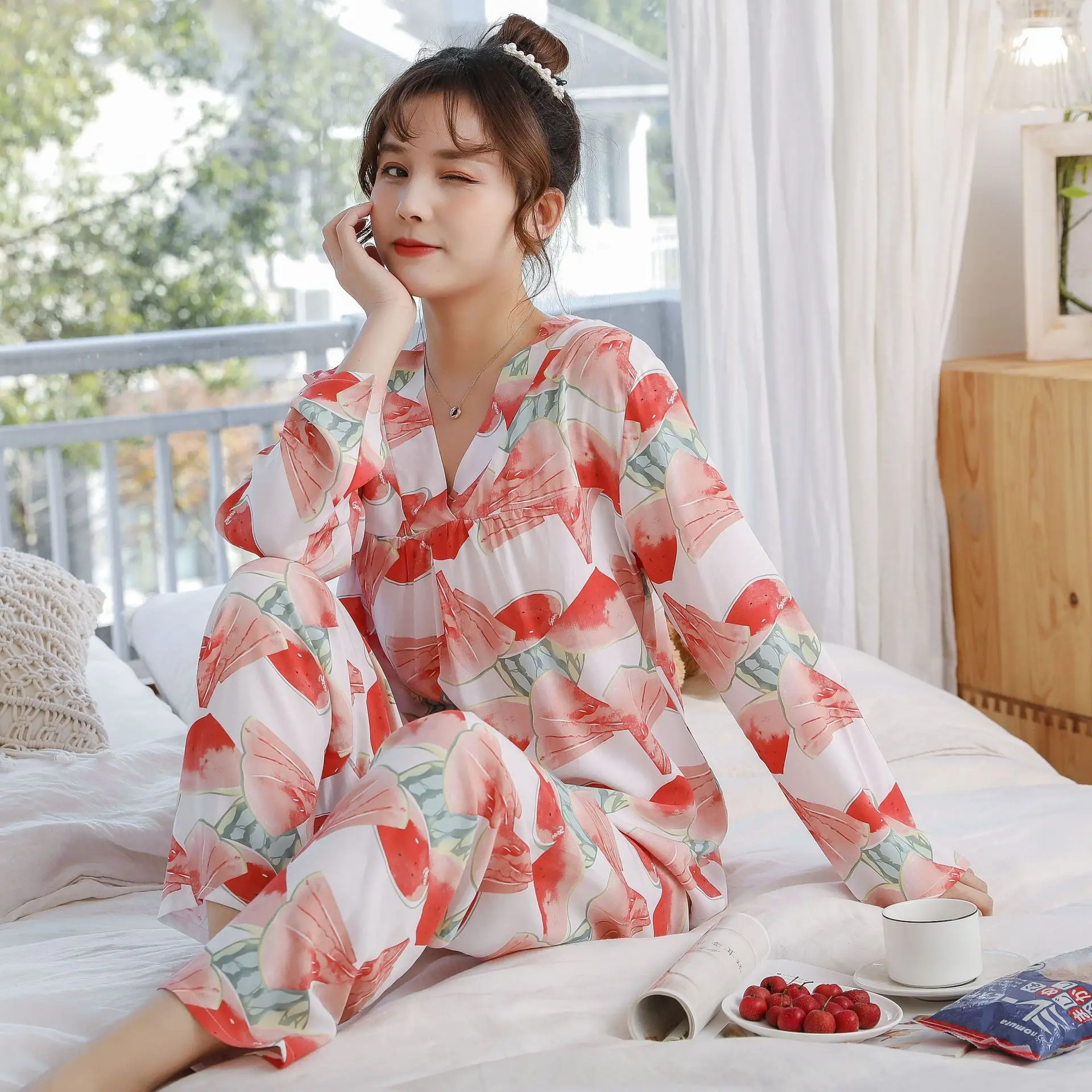 

Women Autumn Silk Korean Casual Two Piece Set Pyjamas Lovely Long Sleeve Trousers Women's Suit Sleepwear