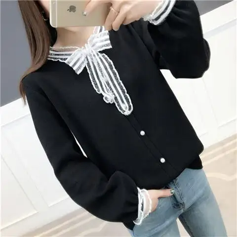 

2020 New Fashion Women Spring Autumn Lace Patchwork Design Ruffles Decor See Through Bow-Neck Long Sleeve Solid Pullover TopH292