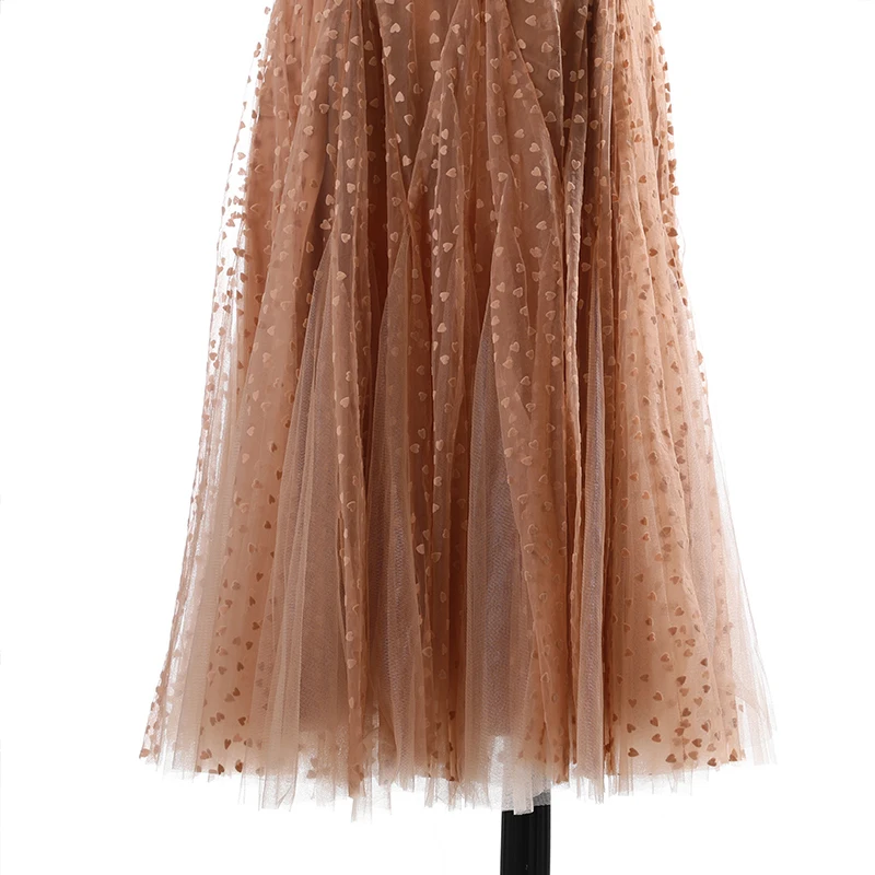 

[EAM] High Elastic Waist Khaki Flocking Mesh Holiday Long Half-body Skirt Women Fashion Tide New Spring Summer 2021 1DE0816
