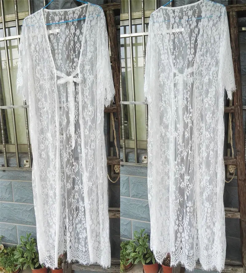 Long Cardigan Beach Wear Cover Up Women White Kaftan Beach Dress Tunic Summer Lace Pareo Bikini Cover-Up Swimsuit Sexy Robe
