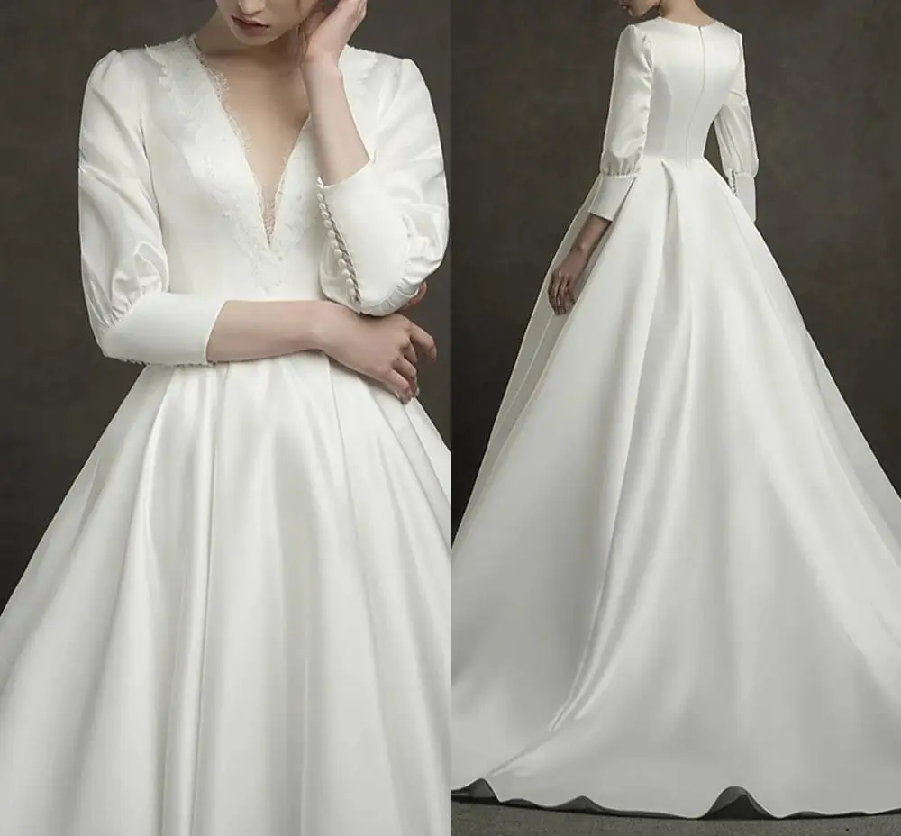 

Elegant A-line Ivory Satin Wedding Dresses V-Neck 3/4 Length Sleeves Buttons Lace Bridal Gowns vestidos de mariage