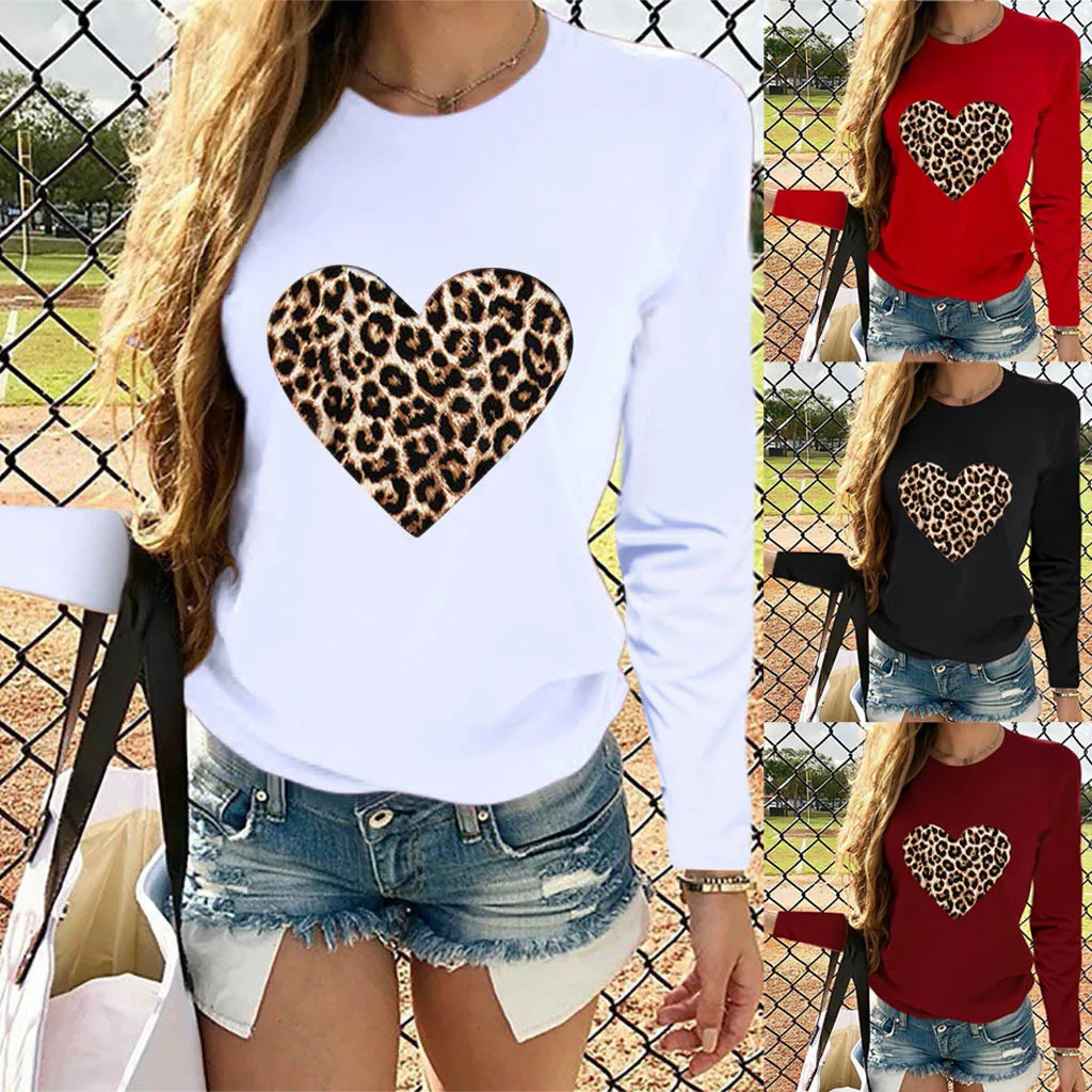 

Fashion Leopard Print Blouse Shirt Heart-Shaped O-Neck Tops Casual Autumn Tops Ladies Female Women Long Sleeve Blusas Pullover