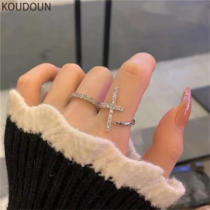 

KOUDOUN Gothic Zircon Cross Shaped Opening Ring for Women Korean Fashion Jewelry Wedding Party Girl's Unusual Sexy Ring Set