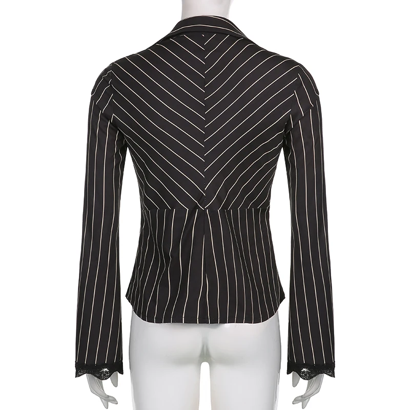 Y2k винтажная полосатая футболка черные кружевные с глубоким V-образным вырезом и