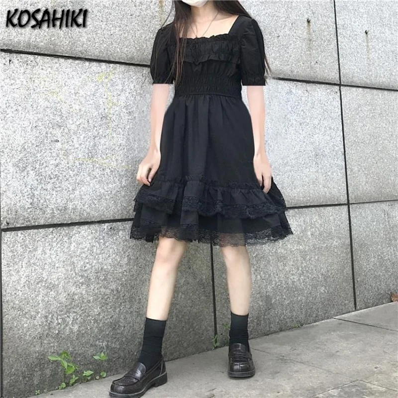 

KOSAHIKI Japanese Kawaii Short Sleeve Dress Women Summer 2021 Vintage Lace Ruffle Dresses Mini Vestidos Sweet Girl Sundress