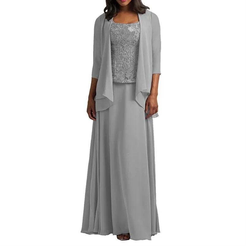 

KHR Elegant Dress for Mother of The Bride Wedding Grey Chiffon Two-piece Lace A-line Ankle-length Mother Bride Dress 2021