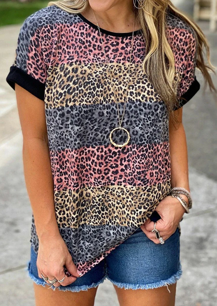 

Color Leopard T-shirt Fashion Striped Tops Tee Shirts Women Clothes 2020 Summer Short Sleeve Top Casual O-neck Loose Tees