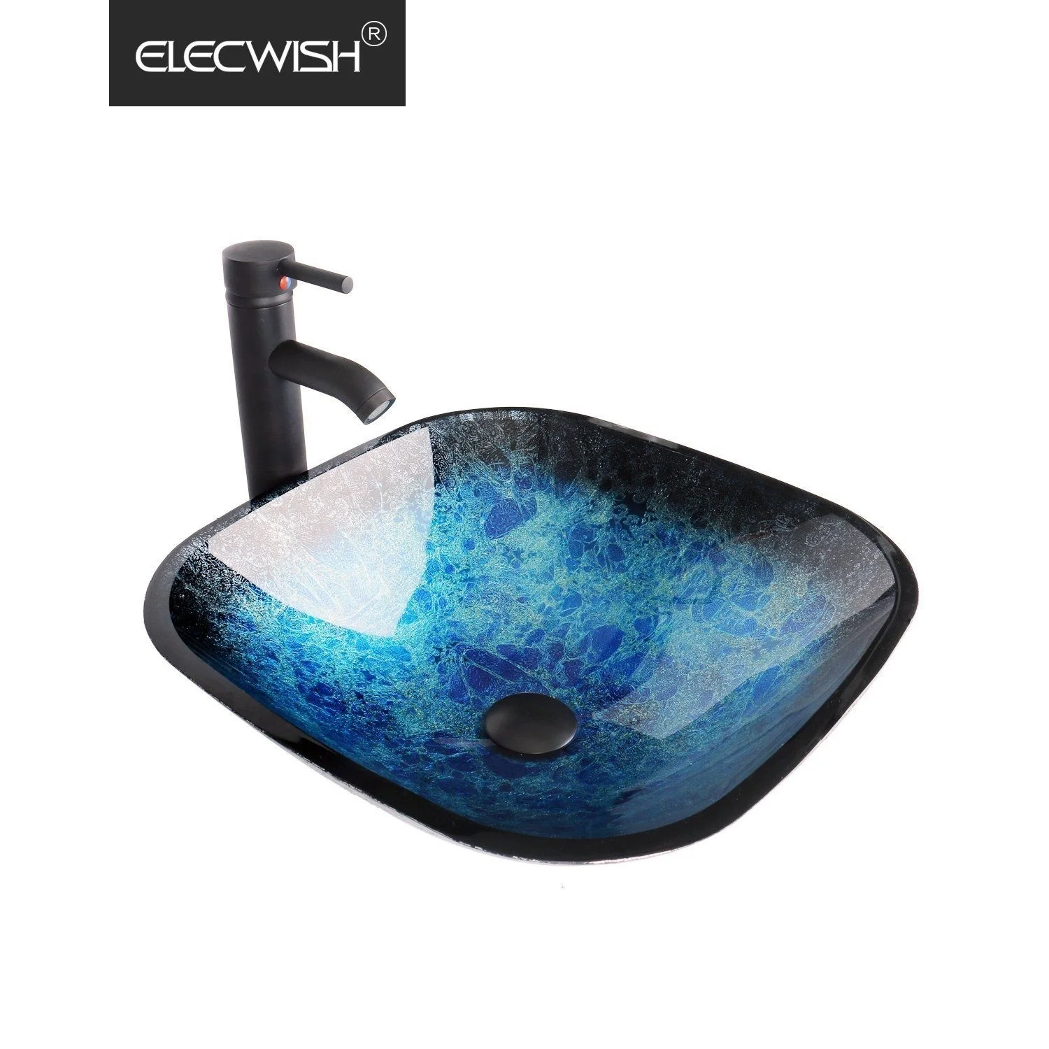 

Bathroom Vessel Sink Artistic Tempered Glass Square ORB Faucet Pop Up Combo