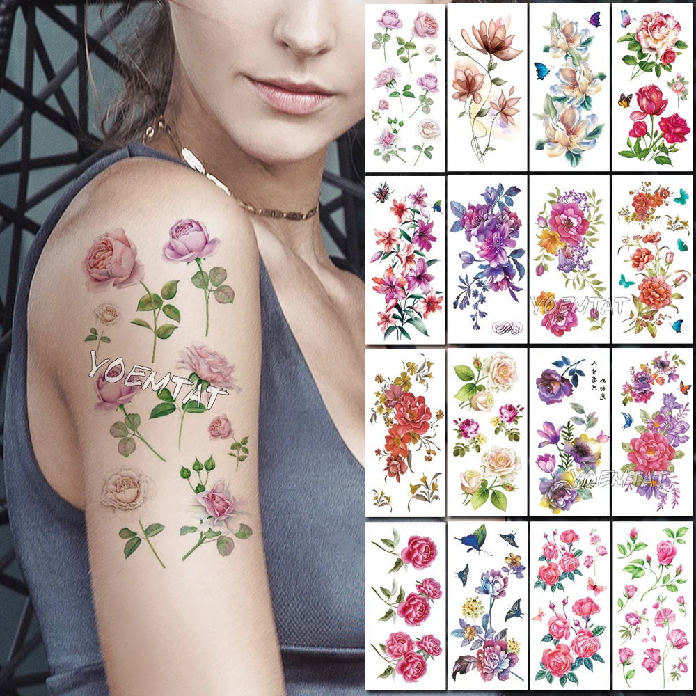 

3D Flower Temporary Tattoos for Women Tattoo Sticker Light Pink Blooming Rose Body Chest Neck Art Waterproof Arm Fake Tato