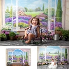 Фон для фотосъемки с изображением акварельная картина весенний пейзаж цветы окна Baby Shower торты Smash фон для фотосъемки на день рождения