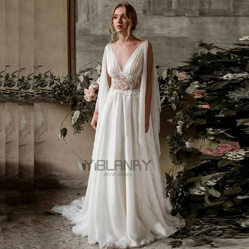 

Boho Wedding Dress Chiffon With Train V-neck Floating Sleeves Gowns In Hollow Lace Flower Backless Plus Size Вяселле