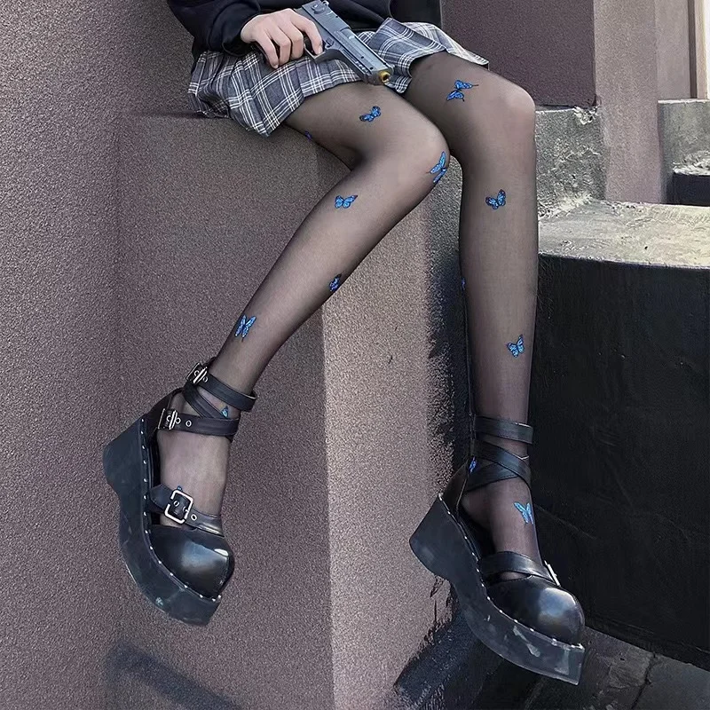 

2022 new black sexy stockings tights tights thin blue butterfly print moisture-proof white socks women