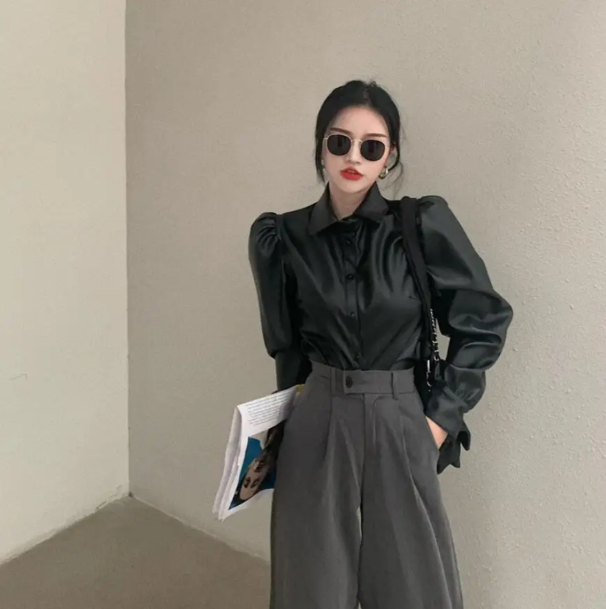 

Fashion PU Puff Sleeve Blouse Women Elegant Korean Shirt 2021 Spring New Turn-down Collar Blusas Feminimos s687