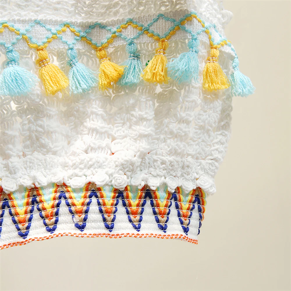 

Fashion Indie Embroidery Tassel Knitted Short Camis Summer Cropped Corset Tops Sleeveless Sexy Slim Off Shoulder White Tank Top