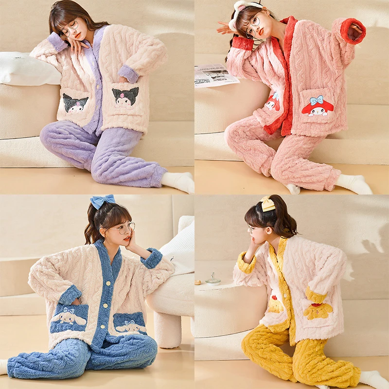 

Милая плюшевая одежда Sanrio Kuromi My Melody Cinnamoroll, Милая Красивая домашняя осенне-зимняя флисовая Пижама кораллового цвета, подарок для девушек