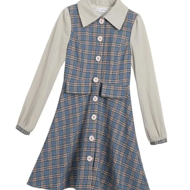 

2021 Spring Women's New French Gentle Retro Literary Girl Plaid Dress Preppy Offiec Lady Elegant Uniform Female All-Match Dress