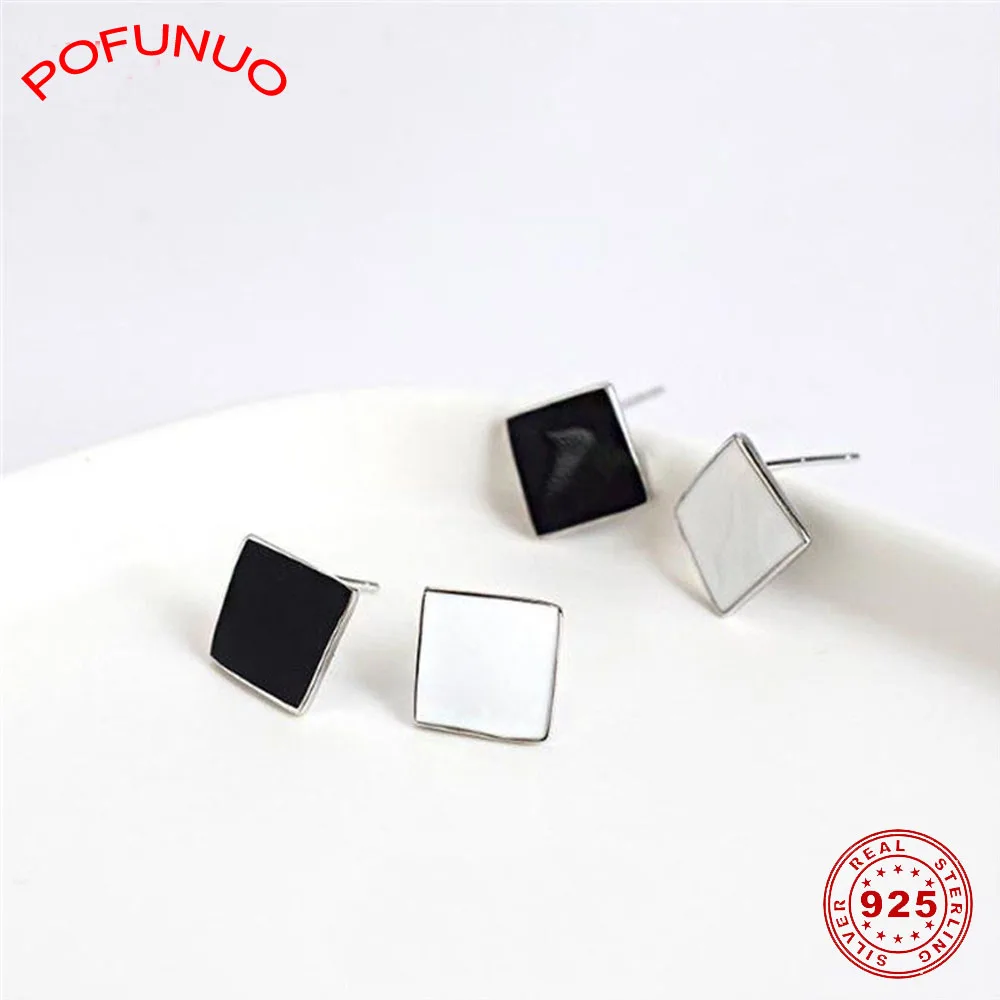 POFUNUO 925 Sterling Silver Geometric Rhombus Girls Stud Earrings Minimalist Women Chic White Black Square Ear Fine Jewelry | Украшения и