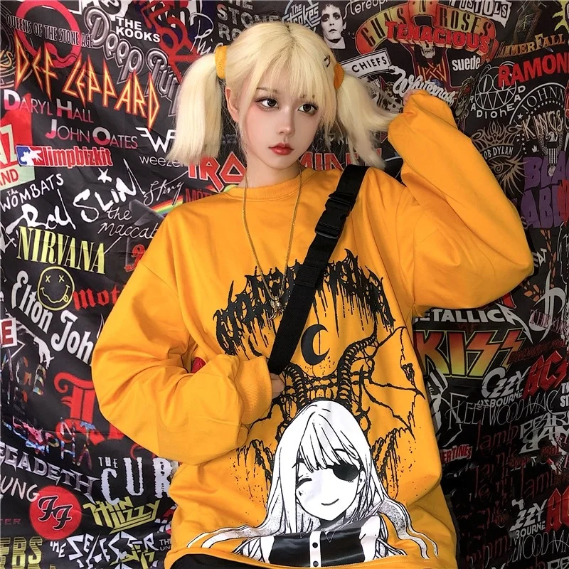 

WHOHOLL Women T-shirt 2021 Autumn Gothic Witch Cartoon Print Black Sweater Coat Loose Long Sleeve Tshirts Women's Top