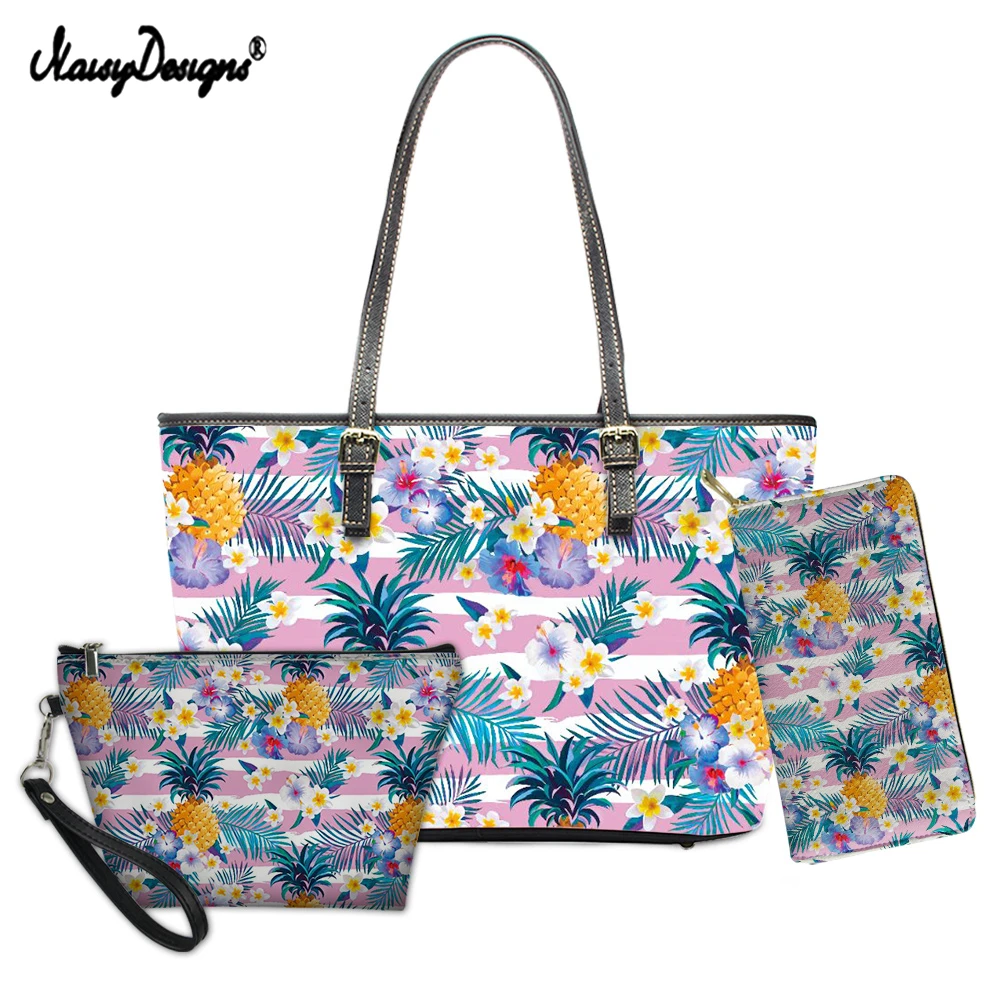 

NOISYDESIGNS Woman Luxury Large Handbag Tropical Fruit Pineapple Printing Ladies Handbag Leather PU Tote and Wallet Set Bolsa