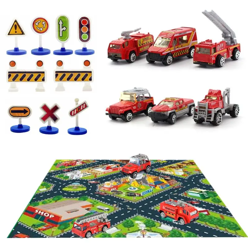 

Fire Truck Toys with Play Mat 6 Fire Engines 9 Road Signs 27\" x 31\" Fire Rescue