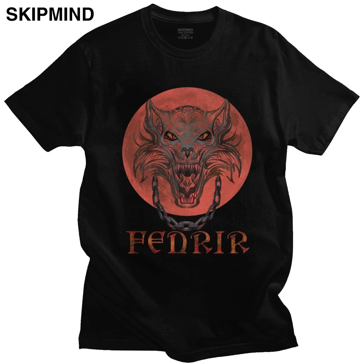 

Fenrir Viking T Shirt for Men Soft Cotton Casual T-shirt Crew Neck Short Sleeve Norse Wolf Monster With Bloody Moon Tee Clothing