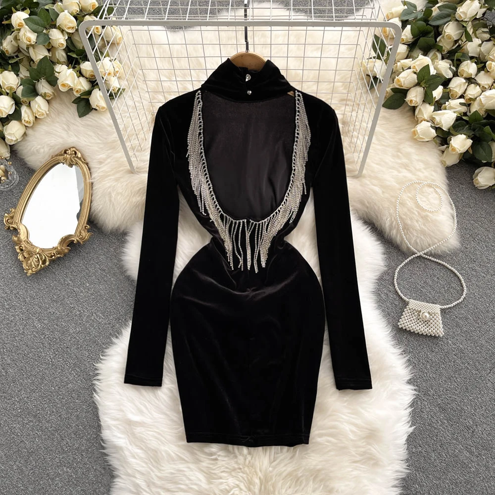 

B716 Women New Fashion High Neck Velvet Retro Black Short Package Hip Evening Dress Tassel Long Sleeve Elegant Vintage Vestidos