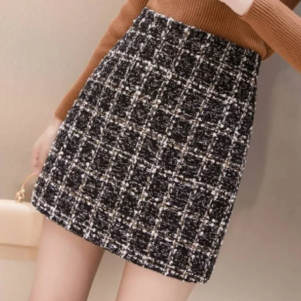 Женская твидовая юбка черная элегантная клетчатая короткая трапециевидная
