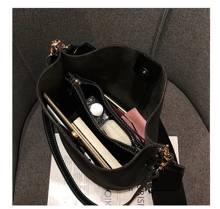 

Luxury Designer Bolsos Mujer Black Messenger Bag Women Bucket Shoulder Bag Large Capacity Vintage Matte PU Leather Lady Handbag