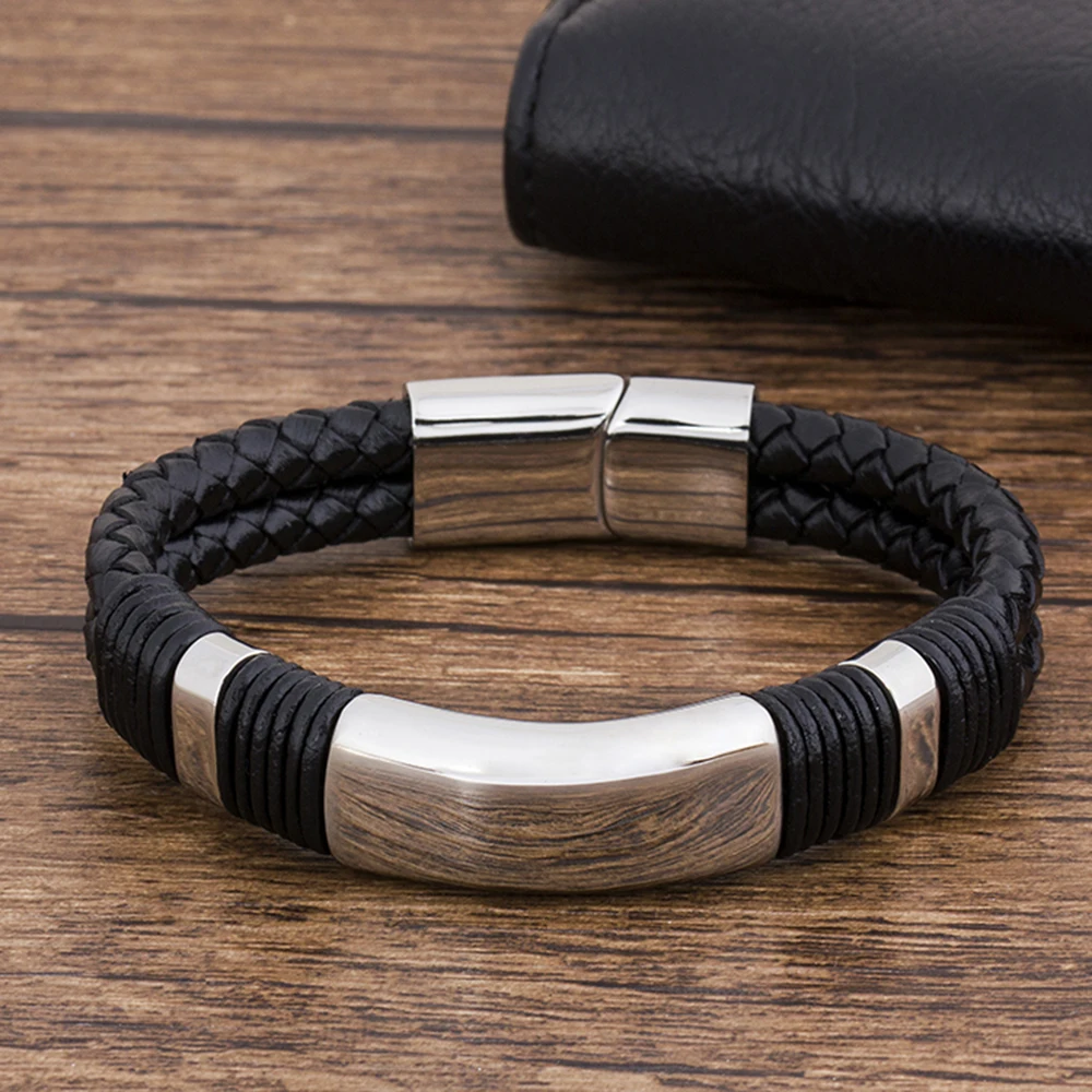 Новый модный Плетеный Черный Браслет из натуральной кожи нержавеющей стали