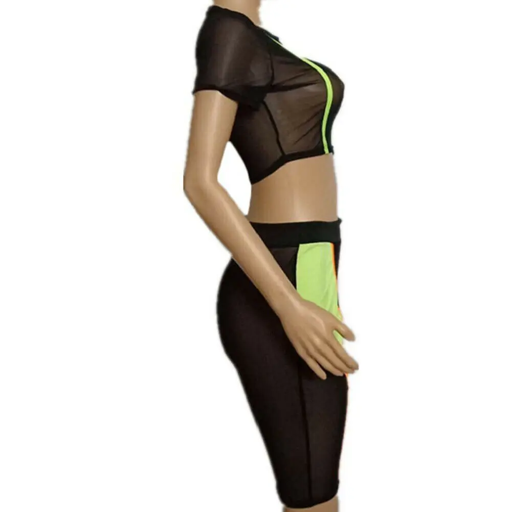Women Summer 2Piece Set Crop Top and Shorts Bodycon Outfit Short Mesh Jumpsuit see through sexy women suit sportswear |