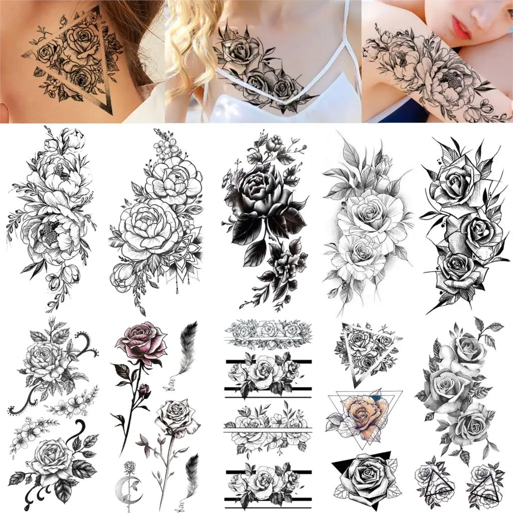 Розовый цветок пиона Временные татуировки для девочек водонепроницаемые черные