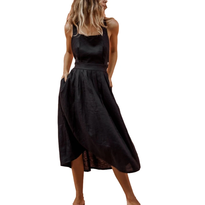 

2021 Summer Women Boho Strappy Maxi Dress Sexy Backless Party Red Beachwear Sundress Sexy Strap Button Waist Pleated Dress