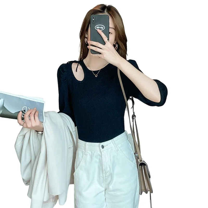 

Hot sale knitted sweater 2021 spring new strapless slim round neck bottoming shirt versatile temperament casual top