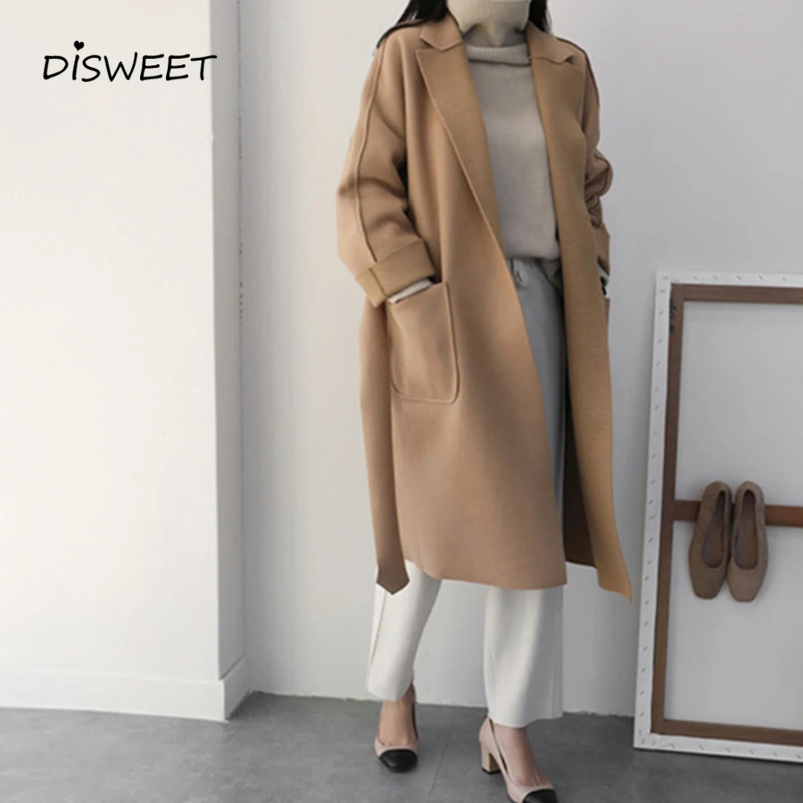Женское шерстяное пальто с длинным рукавом однотонное теплое свободное