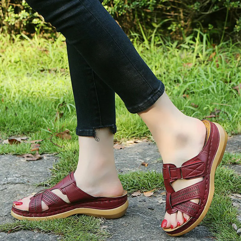 

2020 Summer Women Wedge Sandals Premium Orthopedic Open Toe Sandals Vintage Anti-slip Leather Casual Female Platform Retro Shoes
