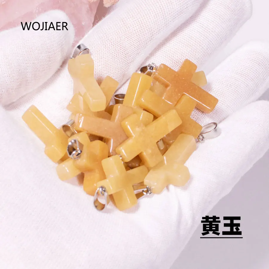 

WOJIAER Stylish Natural Yellow Jades Gem Stone Cross Pendant Pendulum Stone 25x18x6mm Energy Handmade Jewelry 1PCS ZM0493