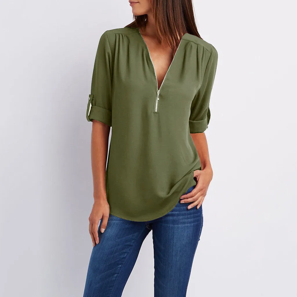 Women Zipper V Neck Blouse Short Sleeve Sexy Solid Womens Tops Plus Size Chiffon Fabric Blouses Casual Shirts Tops Female #p5 3