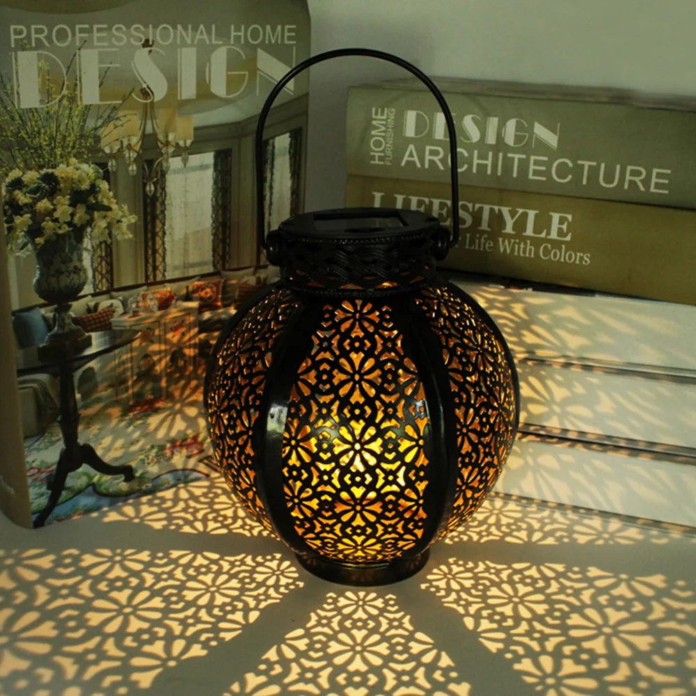 

Hanging Solar Light with Handle Retro Hollow Solar Powered Lanterns Garden Decor Lamp for Yard Tree Fence Patio Decoration