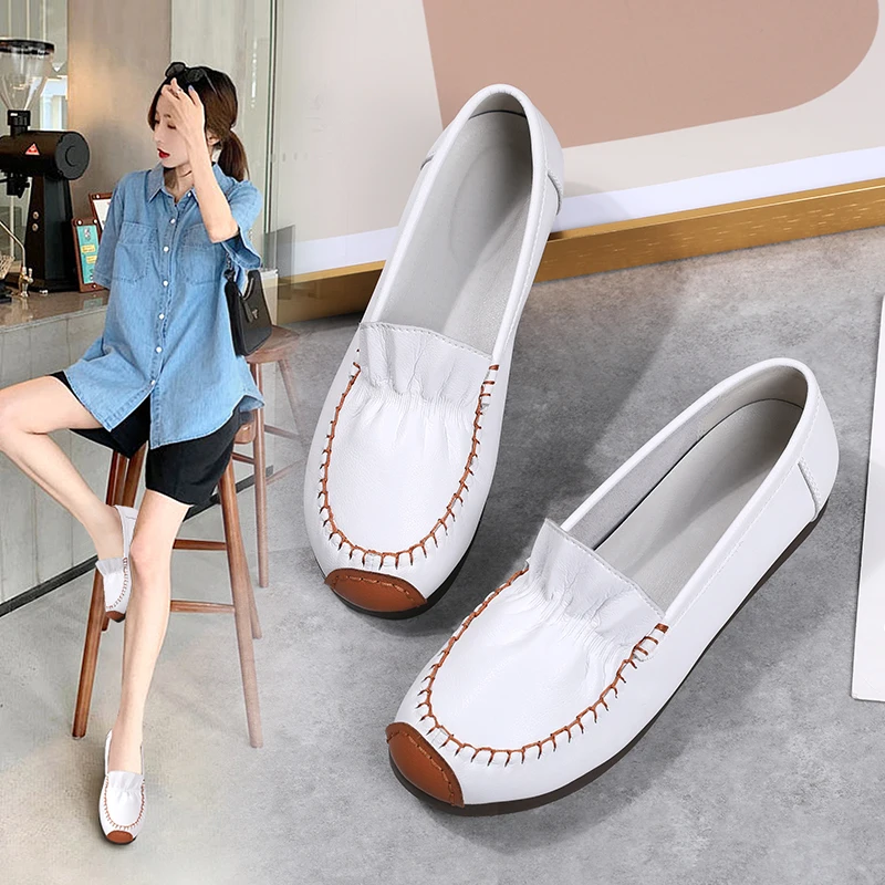 

Лоферы женские из натуральной кожи, однослойные, без застежки, повседневная обувь для мам, с мягкой подошвой, весна-осень 2021