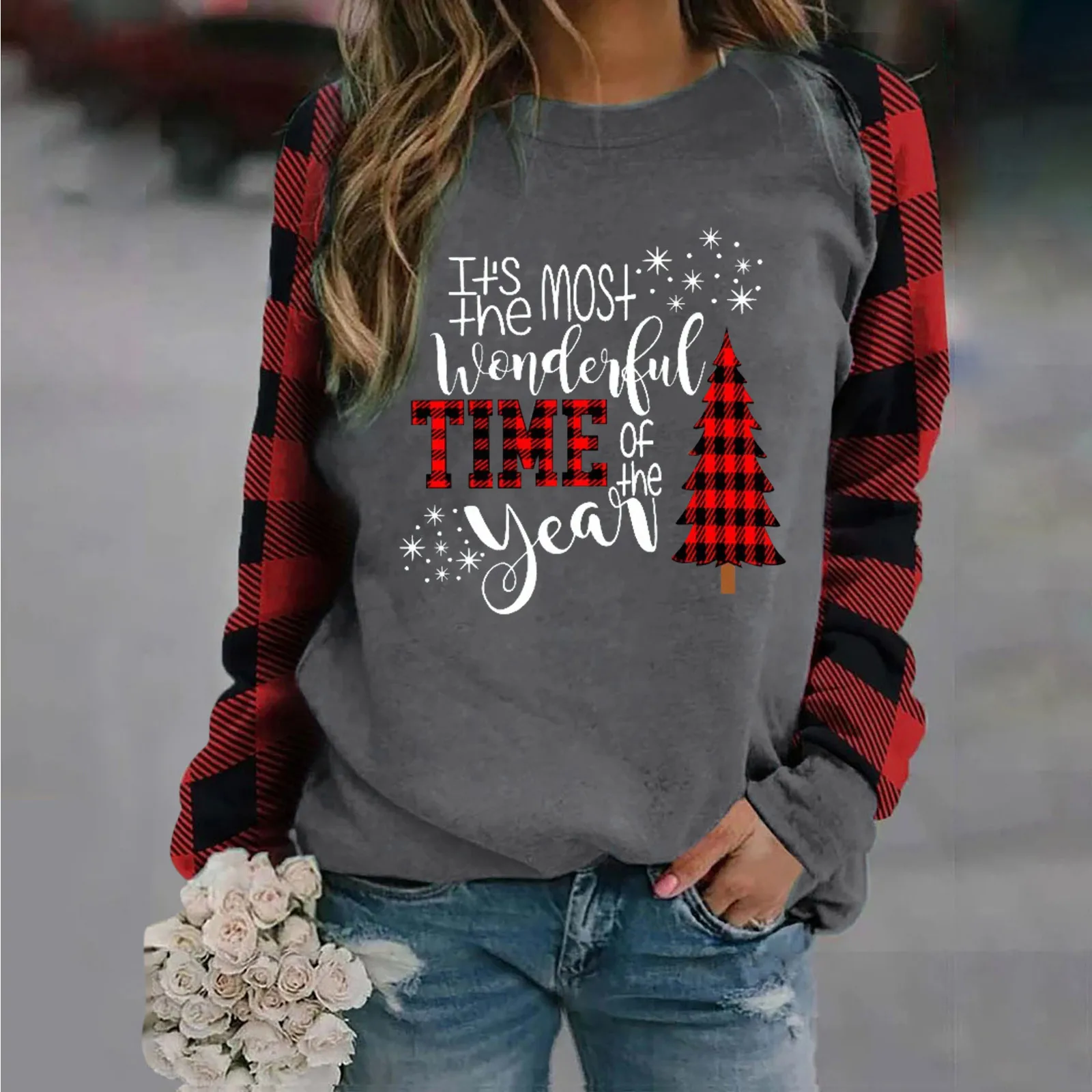 

T-Shirts For Women 2021 Fall Christmas Plaid Printing Pullover Casual Long Sleeve Sweatshirts camiseta manga larga mujer
