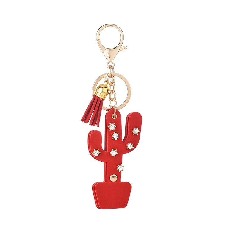 

Hot Style Cartoon Cute Crystal Leather Cactus Pu Keychain Korean Velvet Fringe Key Chainr Lovers Car Bag Pendant Keyring Gift