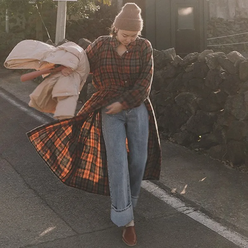 LANMREM New Plaid long sleeve shirt women over the knee loose korean fashion new spring summer sunscreen clothing YJ208 |