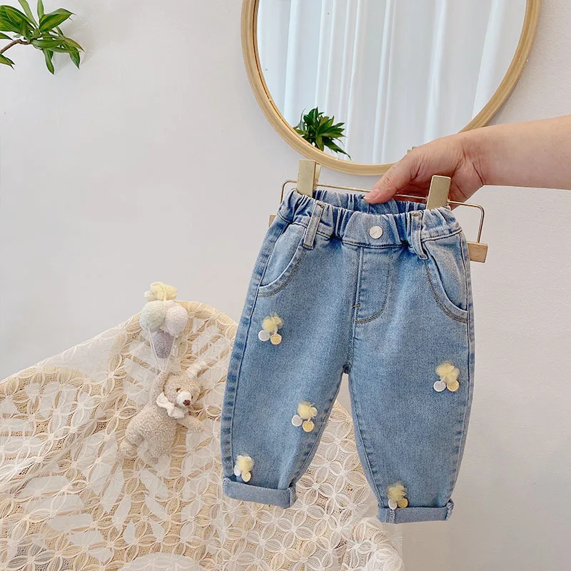 

2023 Spring Children Kids Cherry Denim Jeans Fashion Pants Full Length Princess Girls Trousers